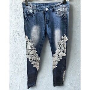 Fashion Jeans Womens Medium Skinny Blue Lace Denim Cottagecore Boho Y2K